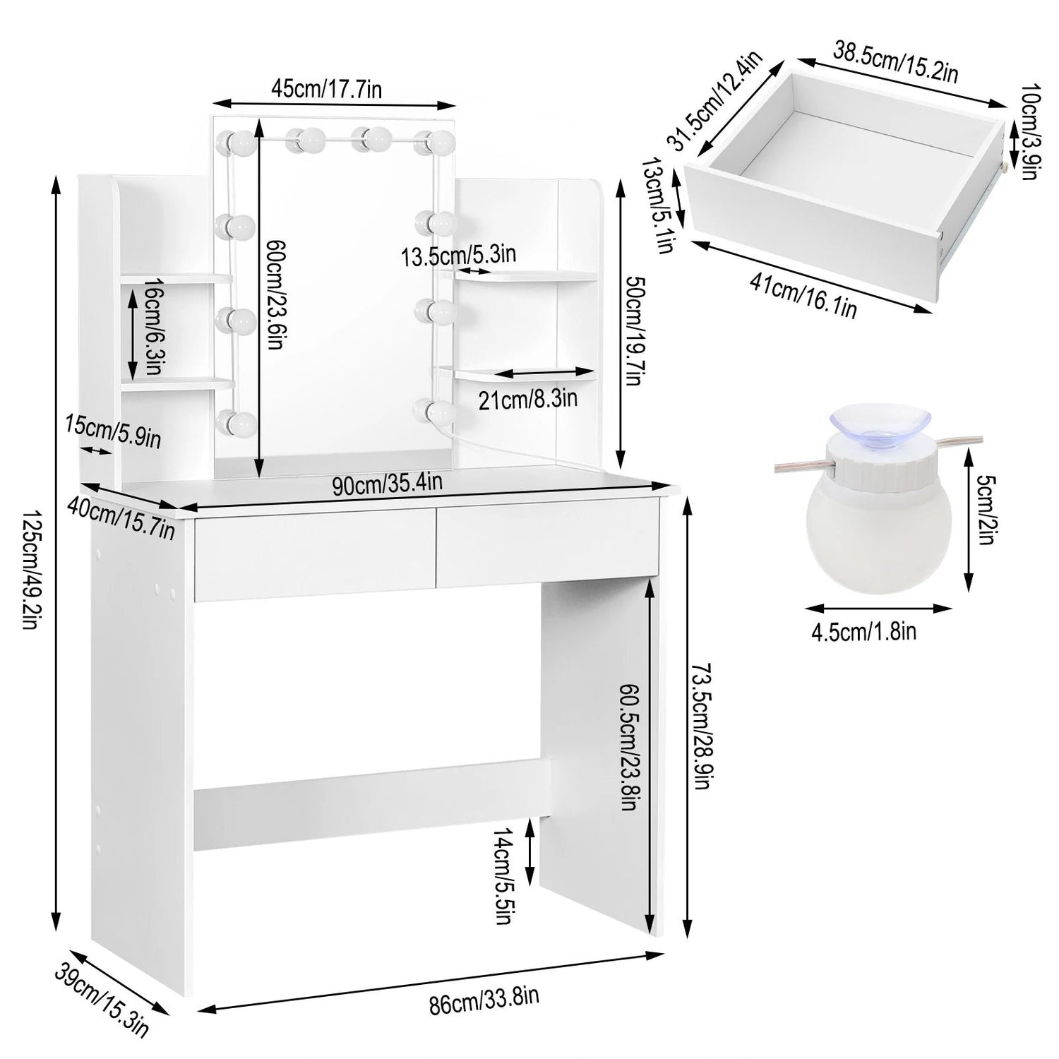 Dressing Table with LED Mirror 90X40X125Cm Makeup Table with 2 Drawers 4 Storage Shelves Bedroom Vanity Table for Girls Women