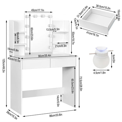 Dressing Table with LED Mirror 90X40X125Cm Makeup Table with 2 Drawers 4 Storage Shelves Bedroom Vanity Table for Girls Women