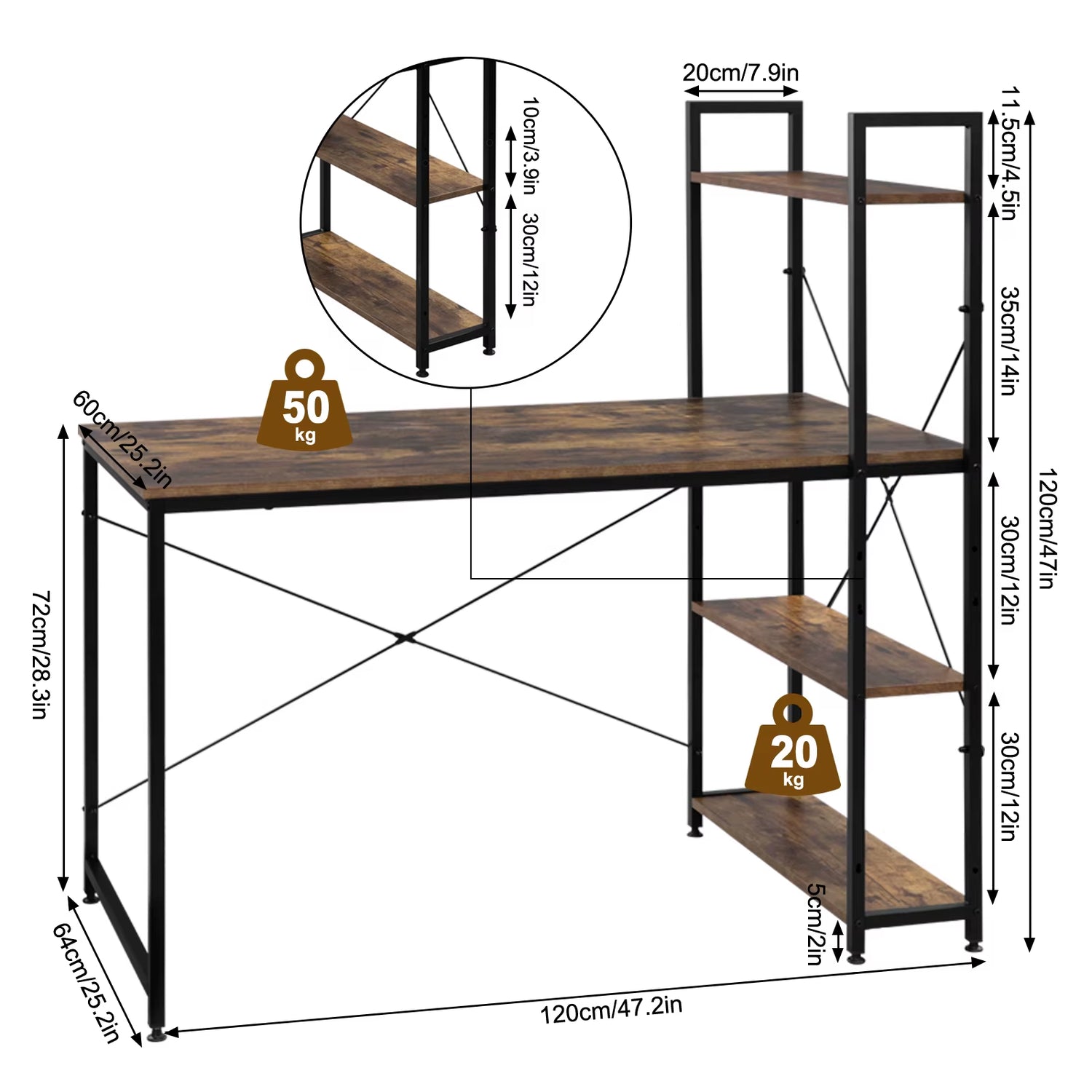 Computer Office Desk PC Laptop Dining Gaming Table Workstation Study Writing Desk 4 Shelves Storage Home Decoration