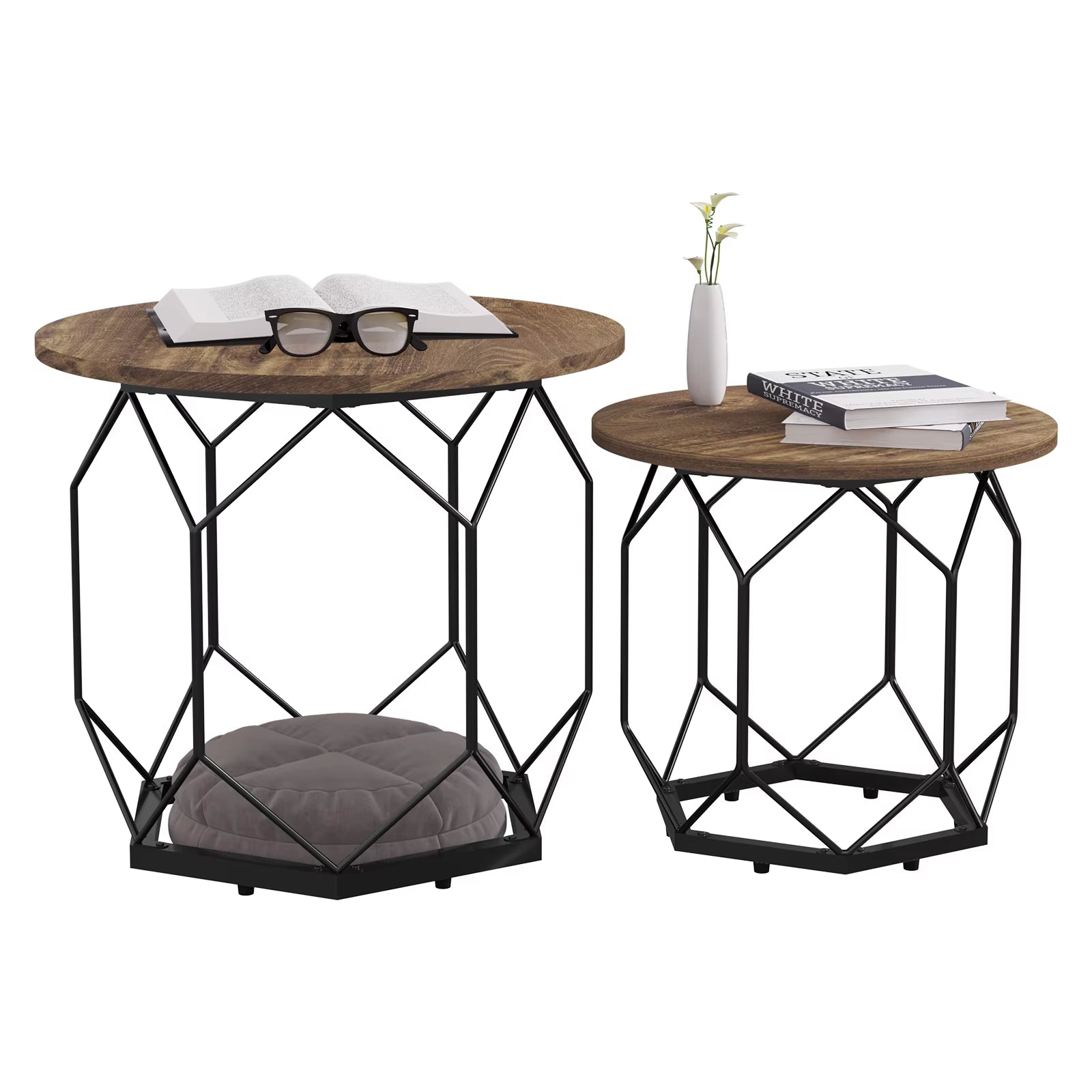 2PCS/SET Nesting Coffee Tables with round Table Top Black Industrial Style Metal Frame Side Table for Living Room Balcony