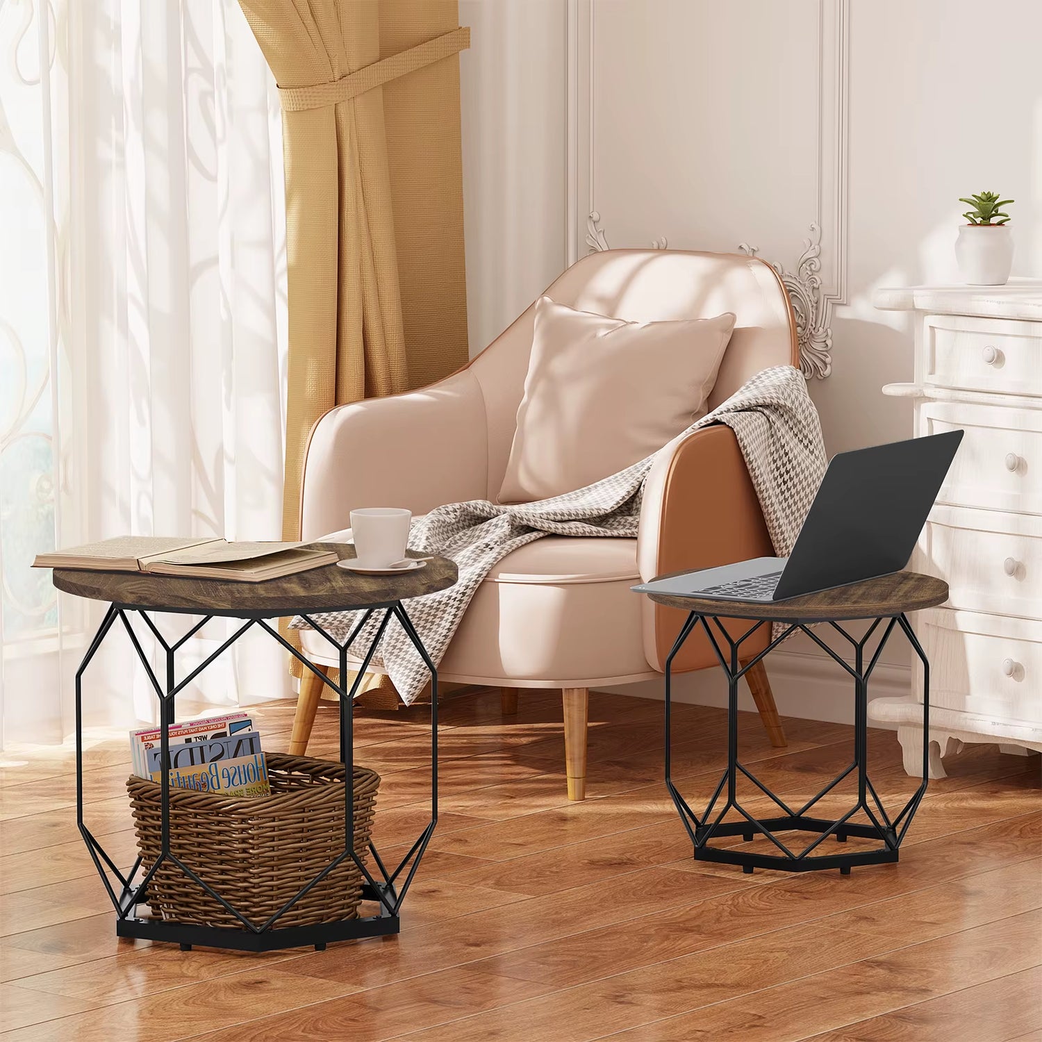 2PCS/SET Nesting Coffee Tables with round Table Top Black Industrial Style Metal Frame Side Table for Living Room Balcony