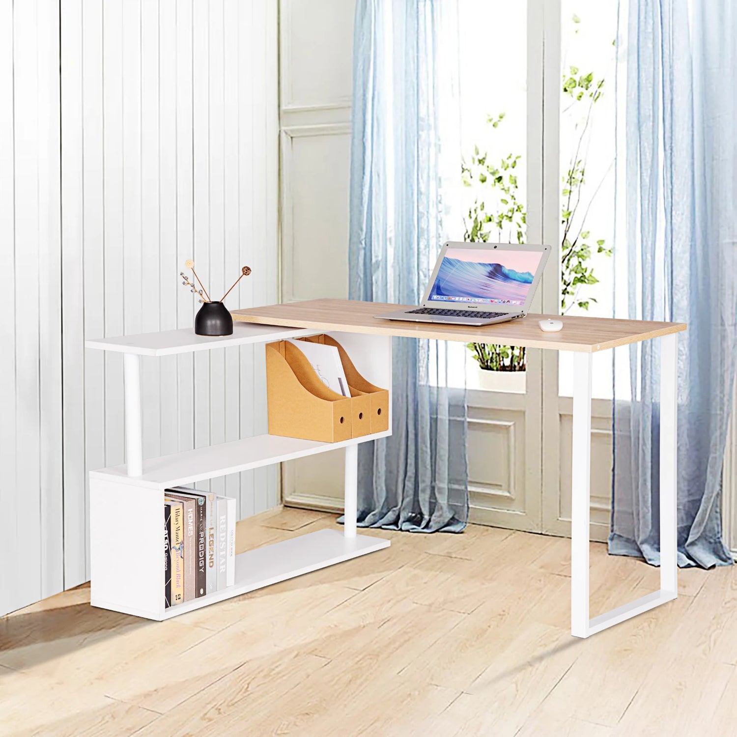 1PC Computer Office Desk Wood L-Shaped Corner Desk with Shelves Foldable Workstation PC Gaming Study Writing Desk Home