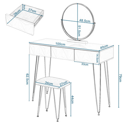 1SET White Gold Dressing Table with 360° Swivel Mirror 3 Drawers 3D Effect Velvet Stool Cosmetic Makeup Vanity Table for Bedroom