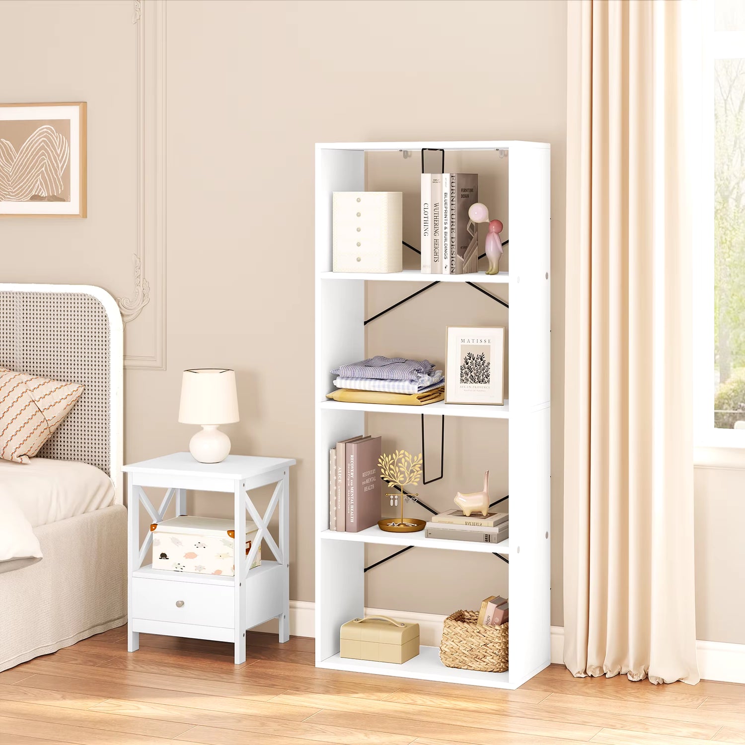 White Bookcase with 4 Levels Standing Shelf with Tilt Protection DVD Display Cabinet for Living Room Office Bedroom