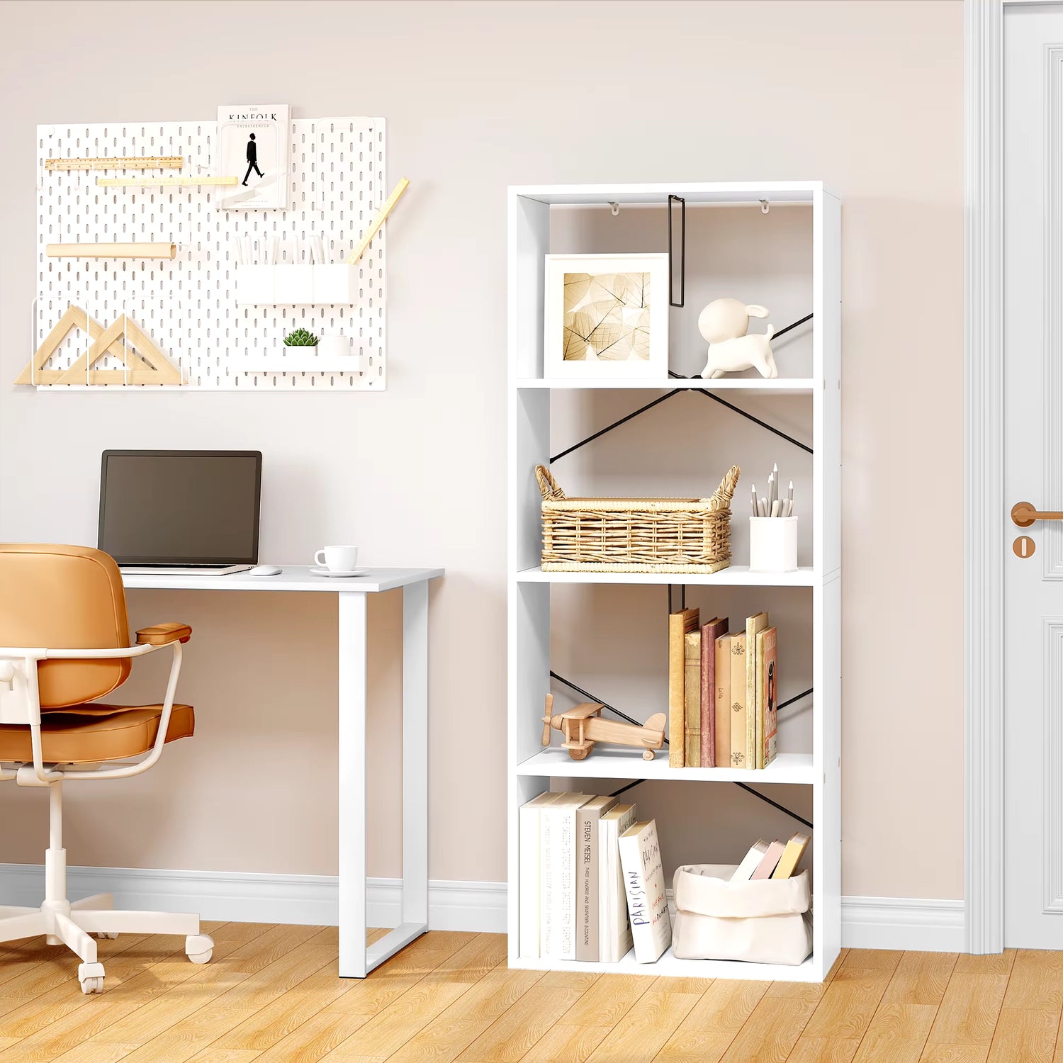 White Bookcase with 4 Levels Standing Shelf with Tilt Protection DVD Display Cabinet for Living Room Office Bedroom