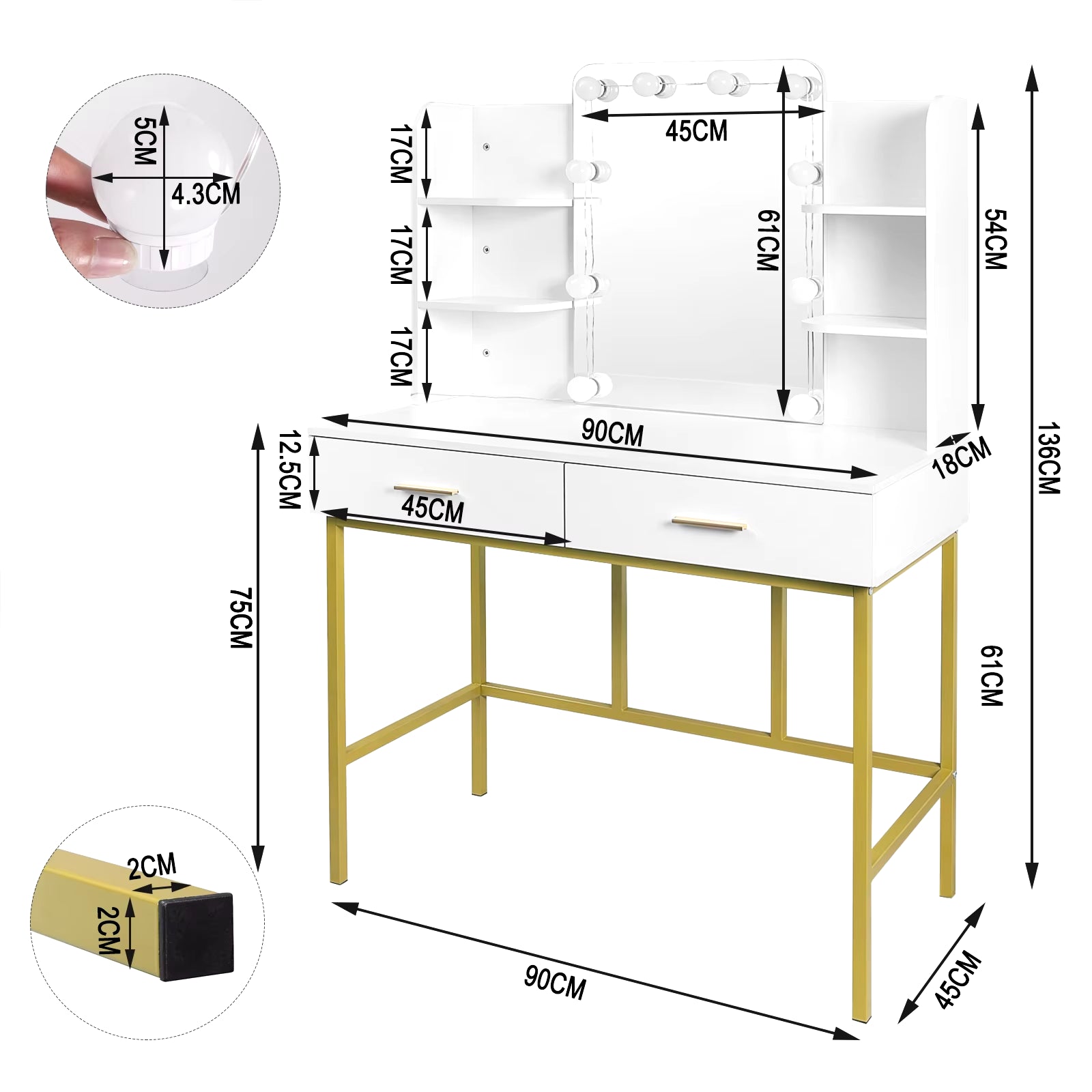 White Gold Vanity Desk Modern Dresser Dressing Table with Mirror Makeup Table with LED Lighting 2 Drawers Household Bedroom