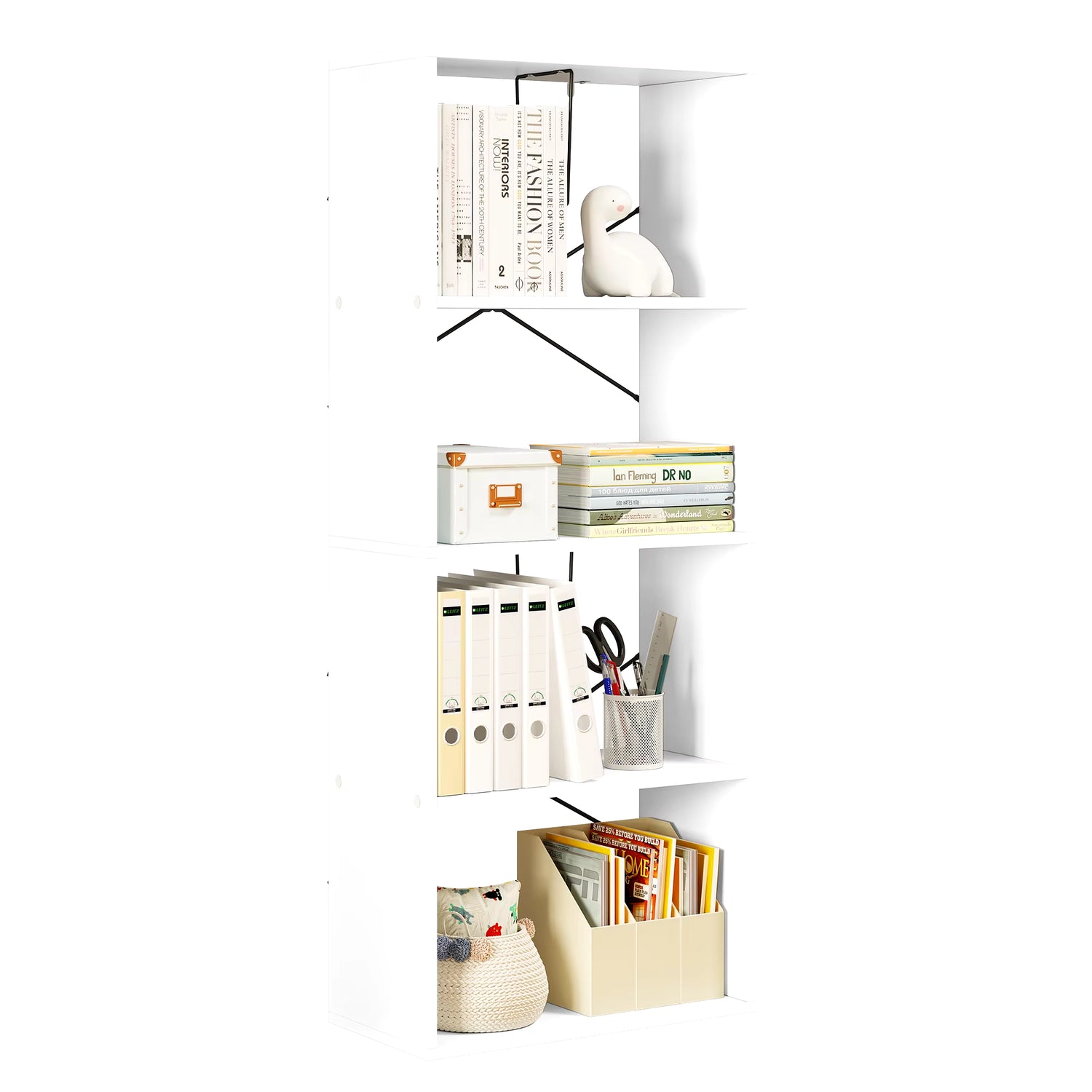 White Bookcase with 4 Levels Standing Shelf with Tilt Protection DVD Display Cabinet for Living Room Office Bedroom