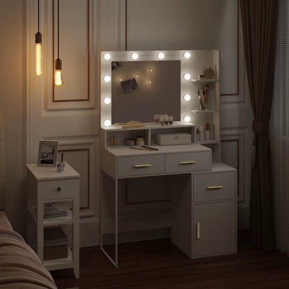 White Dressing Table with LED Lighting Makeup Mirror Adjustable Brightnesses 90X143X39.5Cm Cosmetic Table for Girls Women