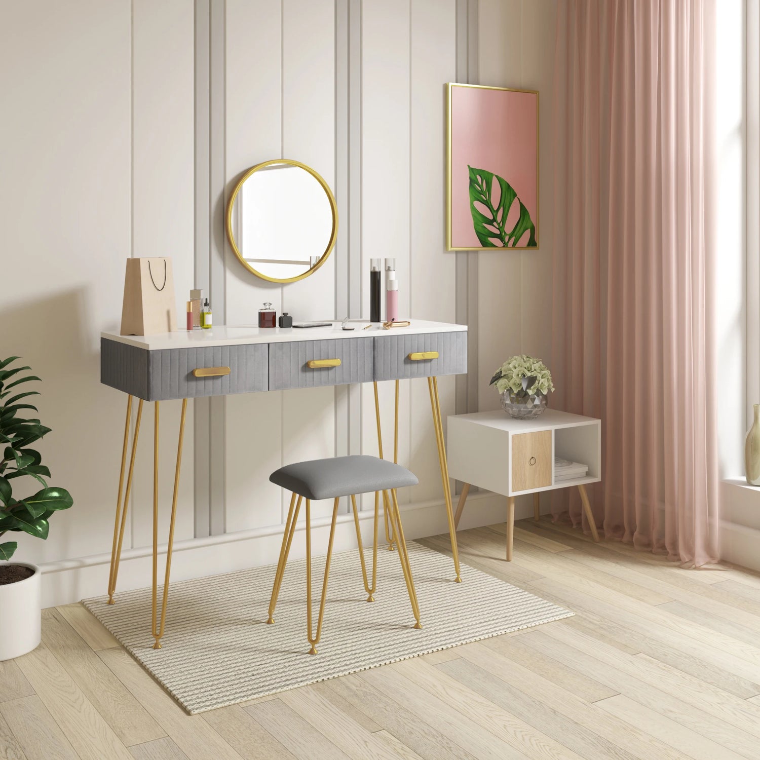 Modern Dresser Dressing Table with Stool Mirror Drawers Cosmetic Table for Bedroom Pink/Grey Makeup Vanity Table Home Furniture