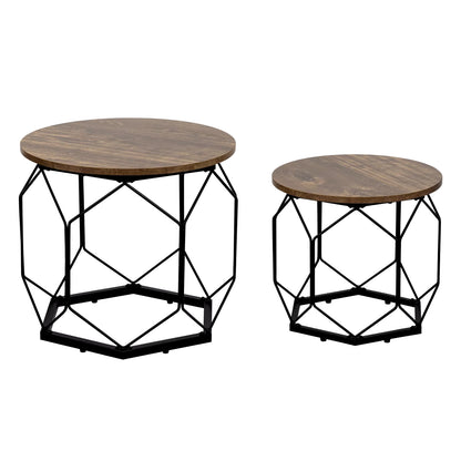 2PCS/SET Nesting Coffee Tables with round Table Top Black Industrial Style Metal Frame Side Table for Living Room Balcony