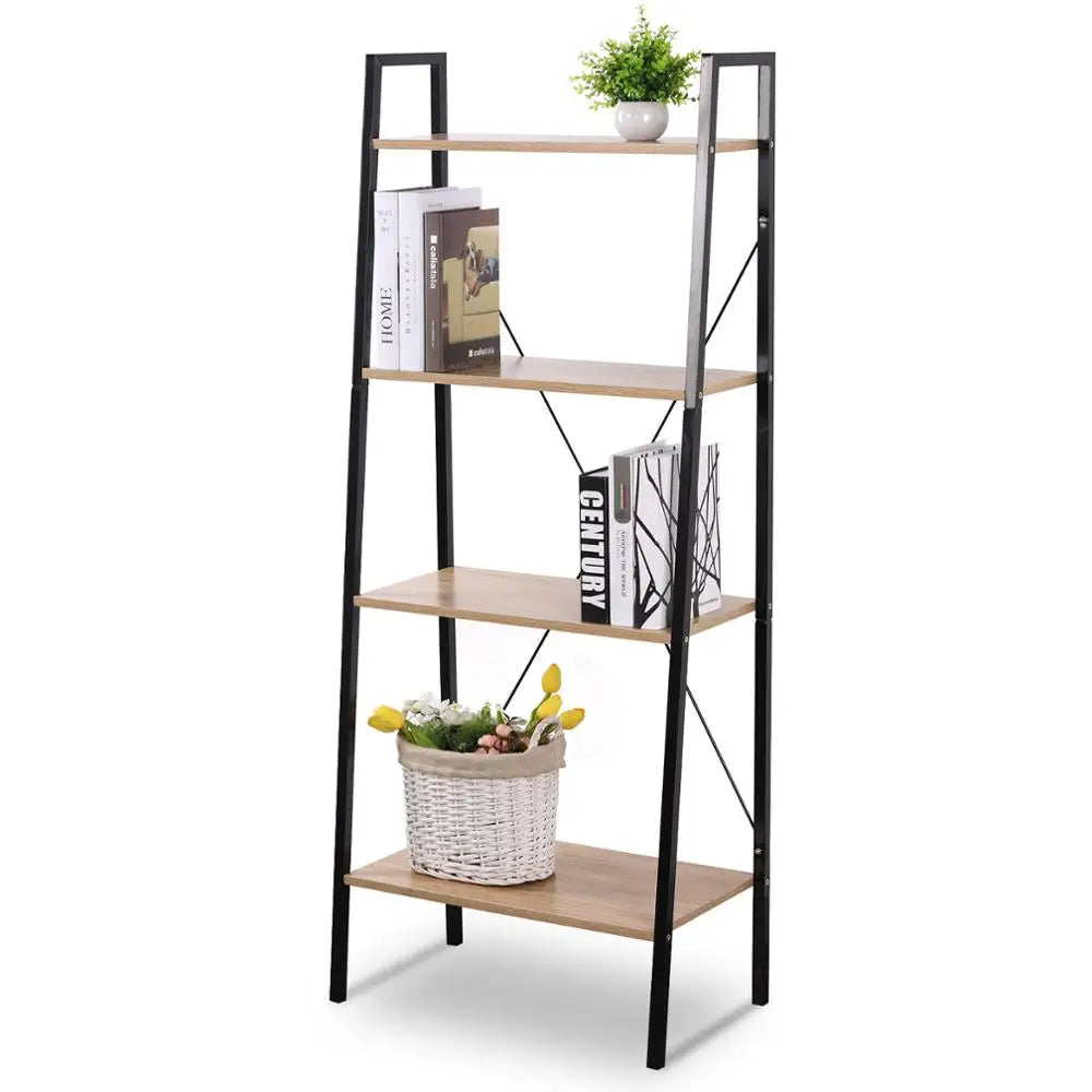 60*35*148Cm 4-Tier Ladder Bookshelf Shelving Unit Wood Bookcase Frame for Living Room Bedroom Kitchen Dining Room Storage