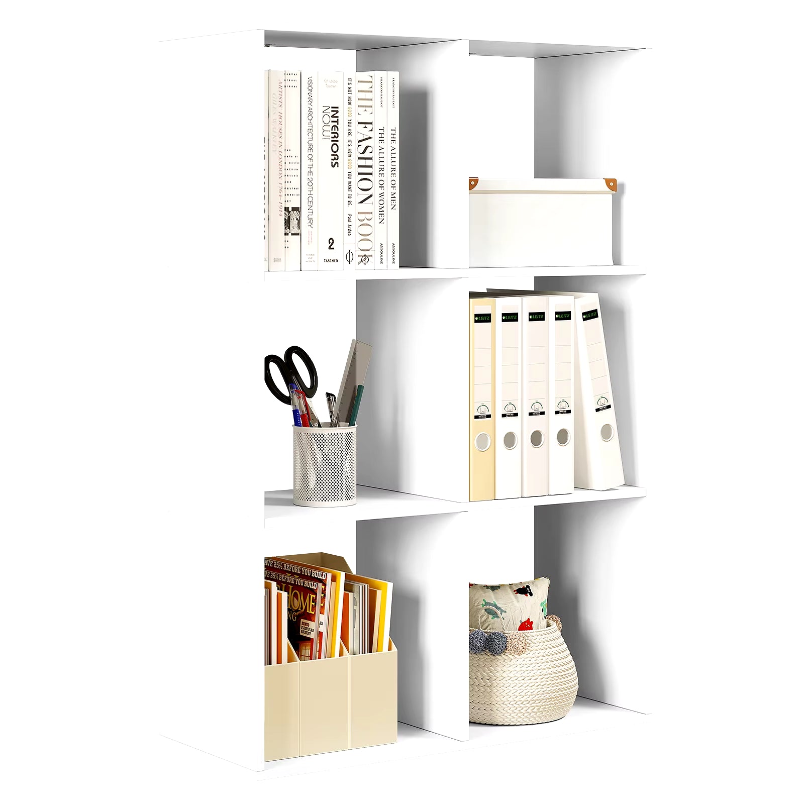 White Bookcase with 3 Levels 6 Compartments Standing DVD Shelf Room Divider for Living Room Kitchen Office Organizer